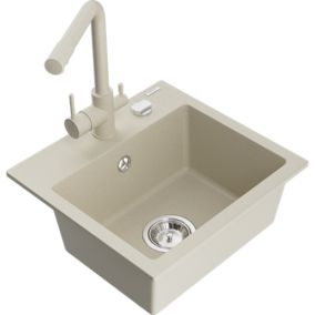 Zlewozmywak granitowy 1-komorowy Mexen Milo z baterią kuchenną Duero beżowy  6505-69-671600-69 1 szt.