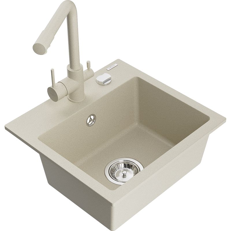 Zlewozmywak granitowy 1-komorowy Mexen Milo z baterią kuchenną Duero beżowy  6505-69-671600-69