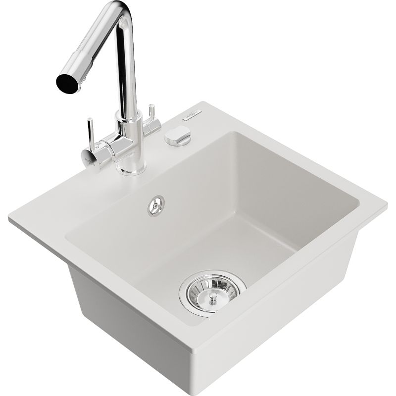 Zlewozmywak granitowy 1-komorowy Mexen Milo z baterią kuchenną Duero biały  6505-20-671600-00 1 szt.