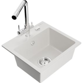 Zlewozmywak granitowy 1-komorowy Mexen Milo z baterią kuchenną Duero biały  6505-20-671600-00 1 szt.