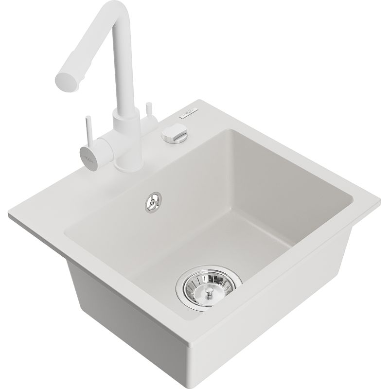 Zlewozmywak granitowy 1-komorowy Mexen Milo z baterią kuchenną Duero biały  6505-20-671600-20