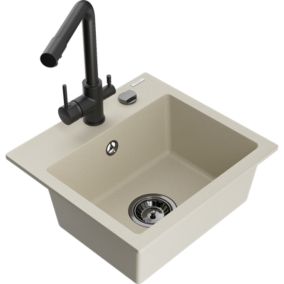 Zlewozmywak granitowy 1-komorowy Mexen Milo z baterią kuchenną Duero biały  - 6505-20-671600-70 1 szt.