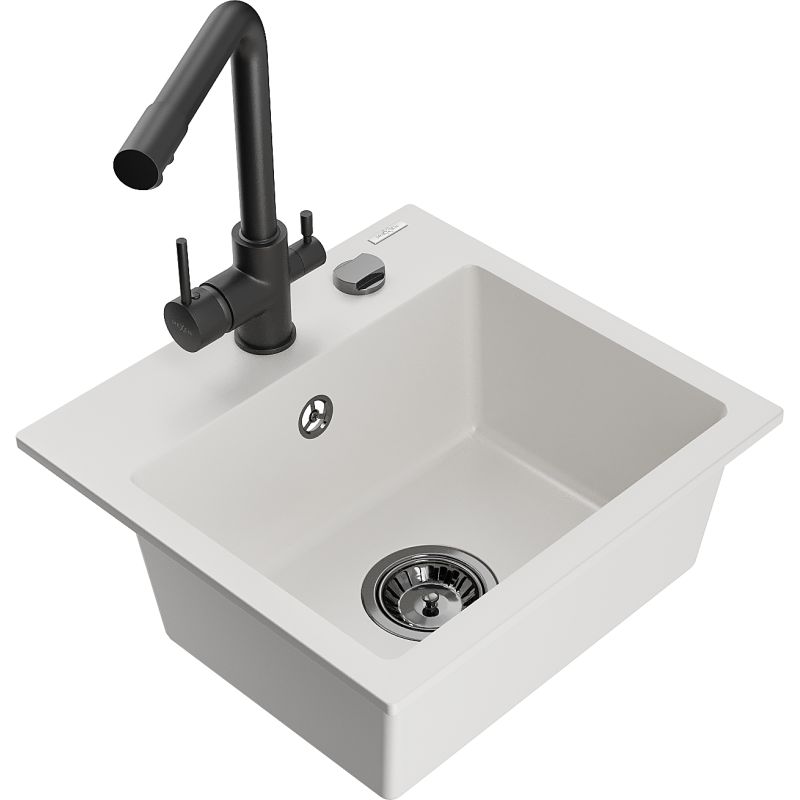 Zlewozmywak granitowy 1-komorowy Mexen Milo z baterią kuchenną Duero czarny  - 6505-77-671600-50 1 szt.