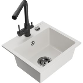 Zlewozmywak granitowy 1-komorowy Mexen Milo z baterią kuchenną Duero czarny  - 6505-77-671600-50 1 szt.