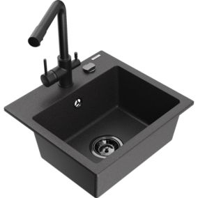 Zlewozmywak granitowy 1-komorowy Mexen Milo z baterią kuchenną Duero czarny nakrapiany  6505-76-671600-70-B