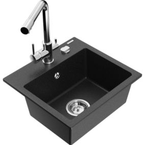 Zlewozmywak granitowy 1-komorowy Mexen Milo z baterią kuchenną Duero czarny/srebrny metalik  6505-73-671600-00 1 szt.