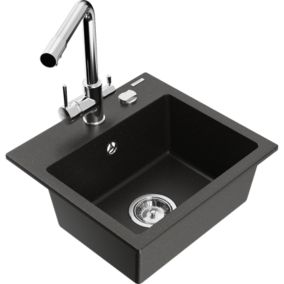Zlewozmywak granitowy 1-komorowy Mexen Milo z baterią kuchenną Duero czarny/złoty metalik  6505-75-671600-00