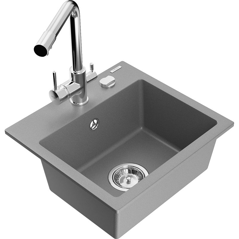 Zlewozmywak granitowy 1-komorowy Mexen Milo z baterią kuchenną Duero szary  6505-71-671600-00 1 szt.