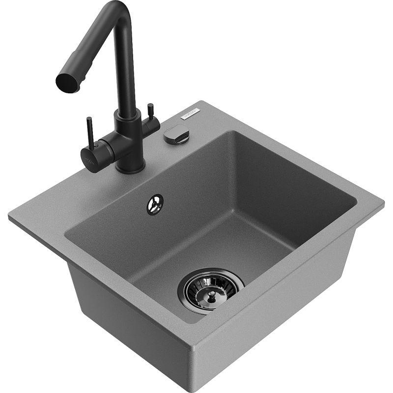 Zlewozmywak granitowy 1-komorowy Mexen Milo z baterią kuchenną Duero szary  6505-71-671600-70-B