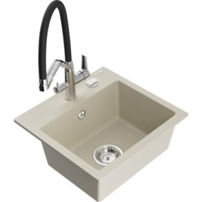 Zlewozmywak granitowy 1-komorowy Mexen Milo z baterią kuchenną Duo beżowy  6505-69-671701-07 1 szt.