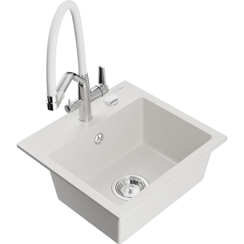Zlewozmywak granitowy 1-komorowy Mexen Milo z baterią kuchenną Duo biały  6505-20-671701-02