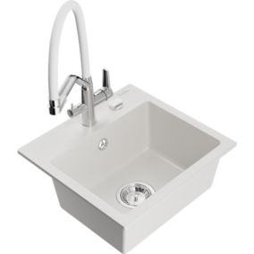 Zlewozmywak granitowy 1-komorowy Mexen Milo z baterią kuchenną Duo biały  6505-20-671701-02