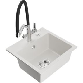 Zlewozmywak granitowy 1-komorowy Mexen Milo z baterią kuchenną Duo biały  6505-20-671701-07 1 szt.