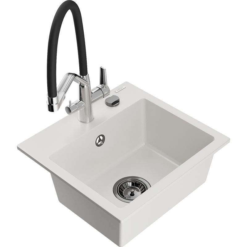 Zlewozmywak granitowy 1-komorowy Mexen Milo z baterią kuchenną Duo biały  6505-20-671701-07-B