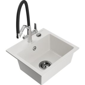 Zlewozmywak granitowy 1-komorowy Mexen Milo z baterią kuchenną Duo biały  6505-20-671701-07-B