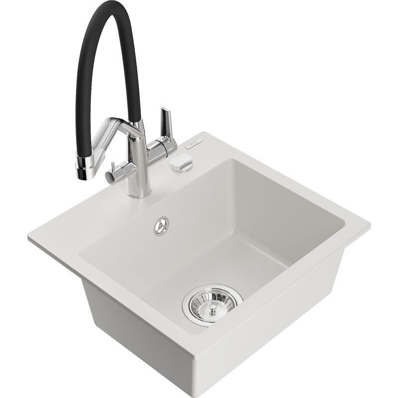 Zlewozmywak granitowy 1-komorowy Mexen Milo z baterią kuchenną Duo biały  6505-20-671701-07