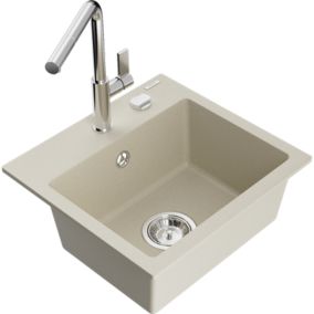 Zlewozmywak granitowy 1-komorowy Mexen Milo z baterią kuchenną Flora beżowy  6505-69-670401-00 1 szt.