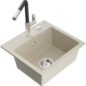 Zlewozmywak granitowy 1-komorowy Mexen Milo z baterią kuchenną Flora beżowy  6505-69-670401-07 1 szt.