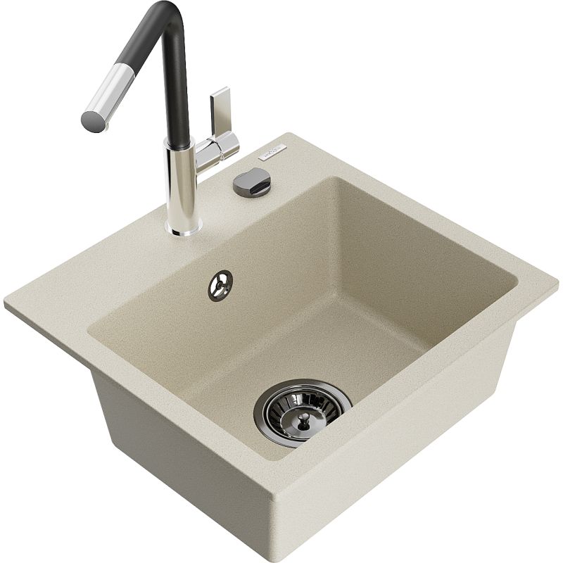 Zlewozmywak granitowy 1-komorowy Mexen Milo z baterią kuchenną Flora beżowy  6505-69-670401-07-B 1 szt.