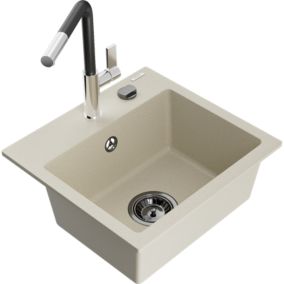 Zlewozmywak granitowy 1-komorowy Mexen Milo z baterią kuchenną Flora beżowy  6505-69-670401-07-B 1 szt.