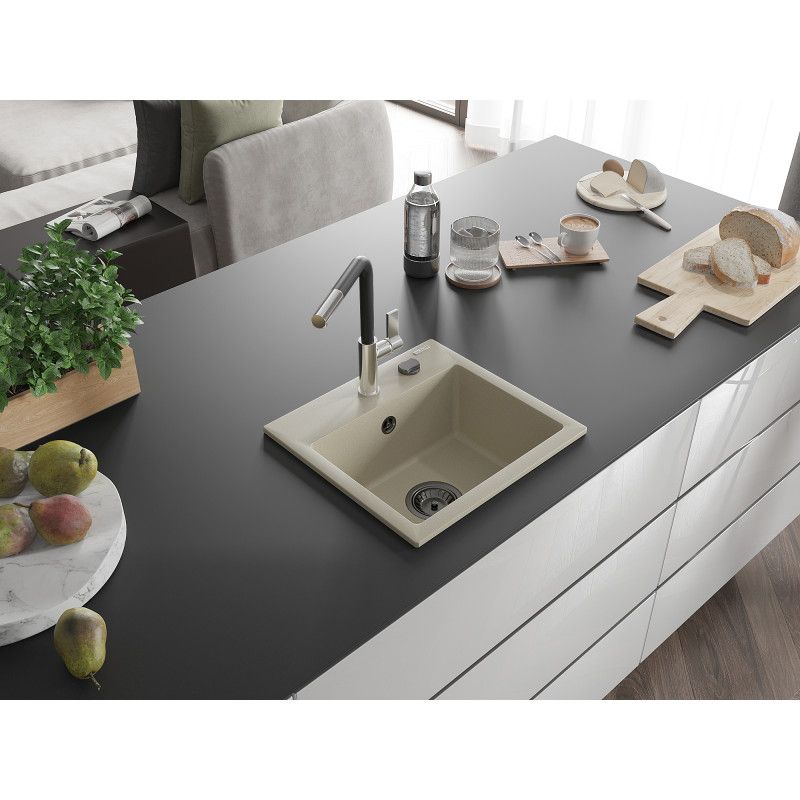 Zlewozmywak granitowy 1-komorowy Mexen Milo z baterią kuchenną Flora beżowy  6505-69-670401-07-B