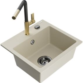 Zlewozmywak granitowy 1-komorowy Mexen Milo z baterią kuchenną Flora beżowy  6505-69-670401-57-B