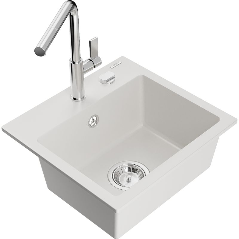 Zlewozmywak granitowy 1-komorowy Mexen Milo z baterią kuchenną Flora biały  6505-20-670401-00 1 szt.