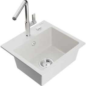 Zlewozmywak granitowy 1-komorowy Mexen Milo z baterią kuchenną Flora biały  6505-20-670401-00 1 szt.