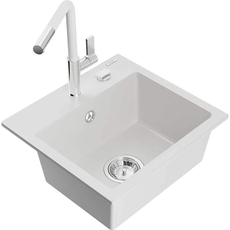 Zlewozmywak granitowy 1-komorowy Mexen Milo z baterią kuchenną Flora biały  6505-20-670401-02 1 szt.