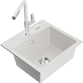 Zlewozmywak granitowy 1-komorowy Mexen Milo z baterią kuchenną Flora biały  6505-20-670401-02 1 szt.