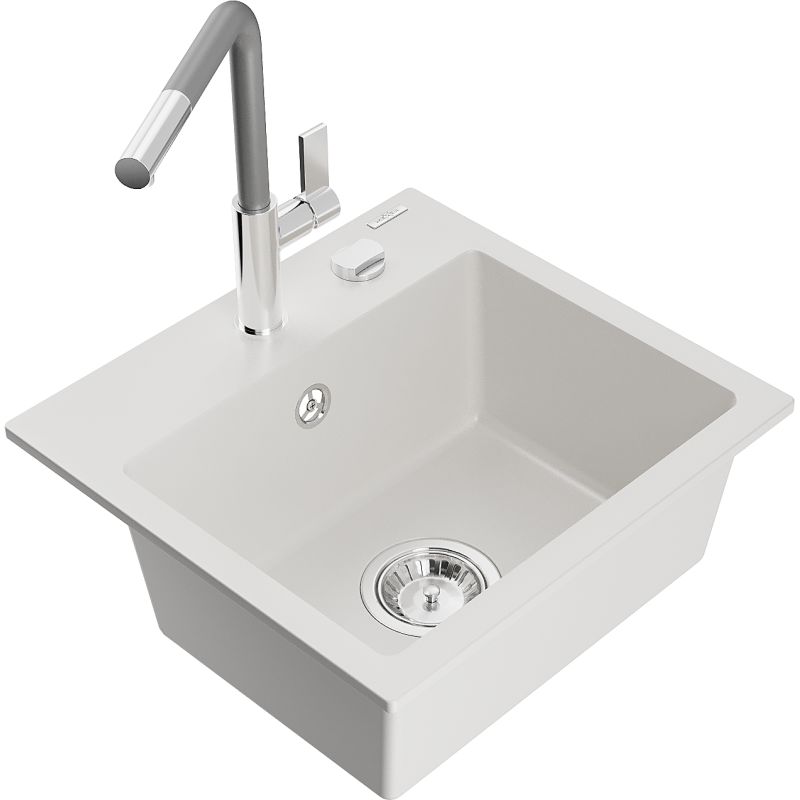Zlewozmywak granitowy 1-komorowy Mexen Milo z baterią kuchenną Flora biały  6505-20-670401-06