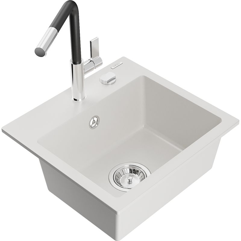 Zlewozmywak granitowy 1-komorowy Mexen Milo z baterią kuchenną Flora biały  6505-20-670401-07 1 szt.