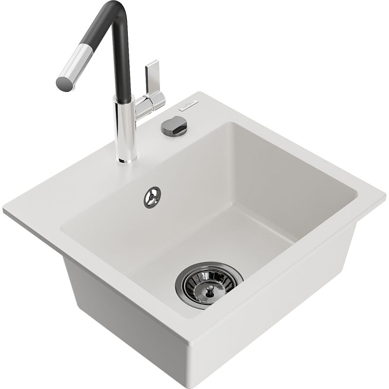 Zlewozmywak granitowy 1-komorowy Mexen Milo z baterią kuchenną Flora biały  6505-20-670401-07-B 1 szt.
