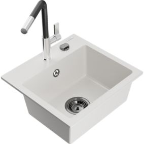 Zlewozmywak granitowy 1-komorowy Mexen Milo z baterią kuchenną Flora biały  6505-20-670401-07-B 1 szt.