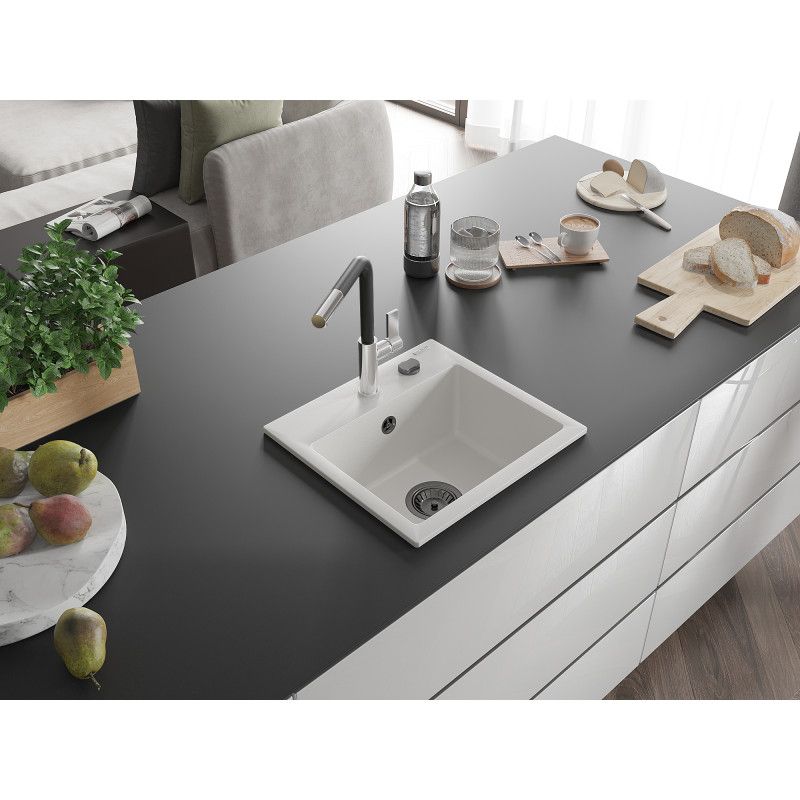 Zlewozmywak granitowy 1-komorowy Mexen Milo z baterią kuchenną Flora biały  6505-20-670401-07-B