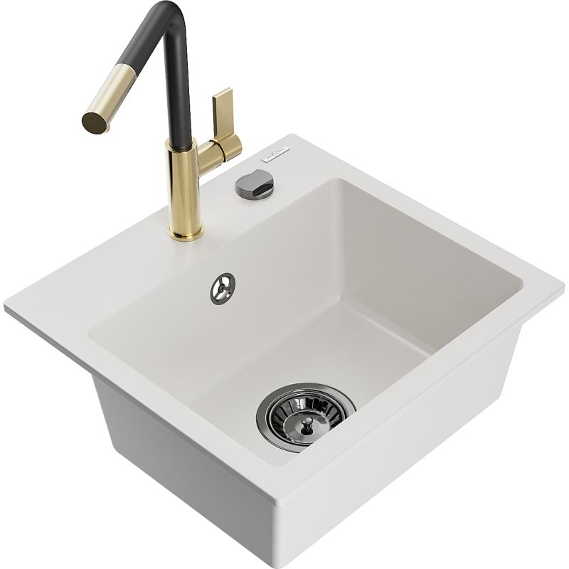 Zlewozmywak granitowy 1-komorowy Mexen Milo z baterią kuchenną Flora biały  6505-20-670401-57-B 1 szt.
