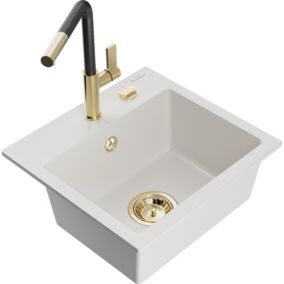Zlewozmywak granitowy 1-komorowy Mexen Milo z baterią kuchenną Flora biały  6505-20-670401-57-G 1 szt.