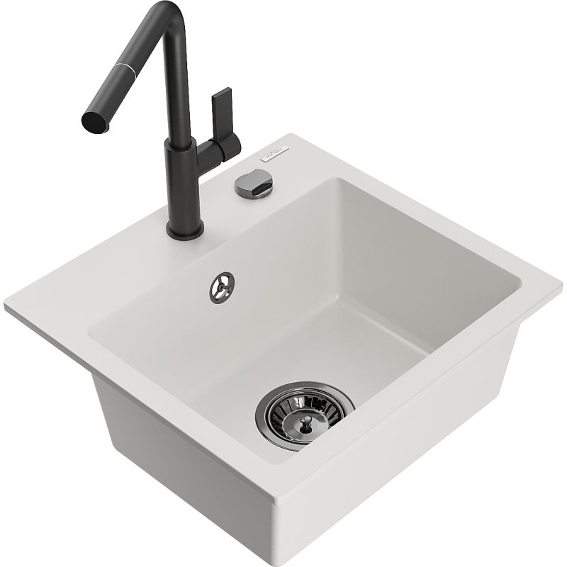Zlewozmywak granitowy 1-komorowy Mexen Milo z baterią kuchenną Flora czarny  - 6505-77-670401-70-B 1 szt.