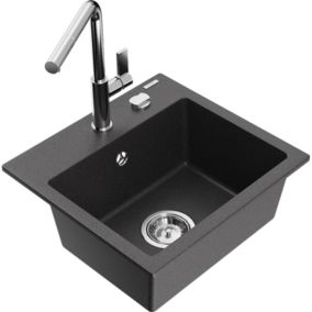 Zlewozmywak granitowy 1-komorowy Mexen Milo z baterią kuchenną Flora czarny nakrapiany  6505-76-670401-00 1 szt.