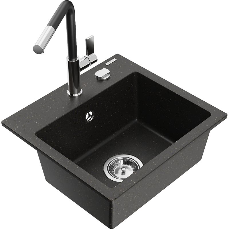 Zlewozmywak granitowy 1-komorowy Mexen Milo z baterią kuchenną Flora czarny/złoty metalik  6505-75-670401-07