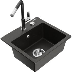 Zlewozmywak granitowy 1-komorowy Mexen Milo z baterią kuchenną Flora czarny/złoty metalik  6505-75-670401-07