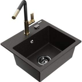Zlewozmywak granitowy 1-komorowy Mexen Milo z baterią kuchenną Flora czarny/złoty metalik  6505-75-670401-57-B