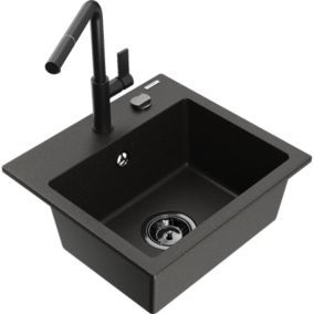 Zlewozmywak granitowy 1-komorowy Mexen Milo z baterią kuchenną Flora czarny/złoty metalik  6505-75-670401-70-B