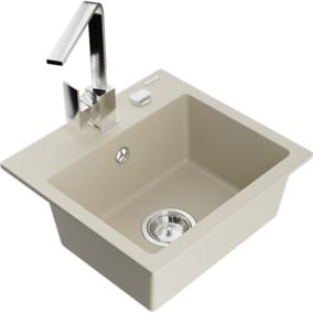Zlewozmywak granitowy 1-komorowy Mexen Milo z baterią kuchenną Rita beżowy  6505-69-670300-00