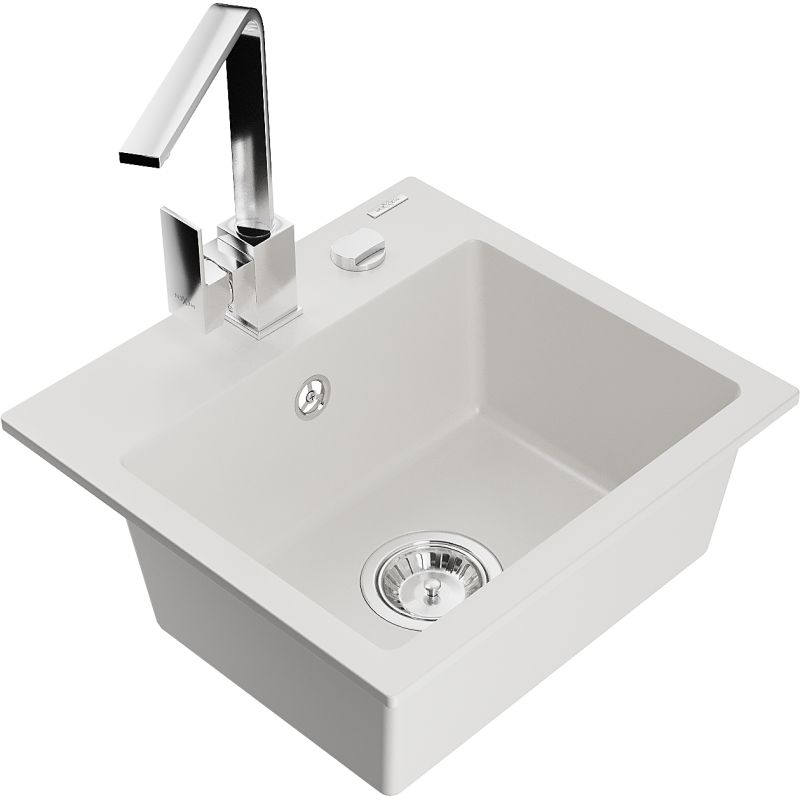 Zlewozmywak granitowy 1-komorowy Mexen Milo z baterią kuchenną Rita biały  6505-20-670300-00 1 szt.