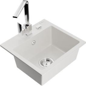 Zlewozmywak granitowy 1-komorowy Mexen Milo z baterią kuchenną Rita biały  6505-20-670300-00 1 szt.