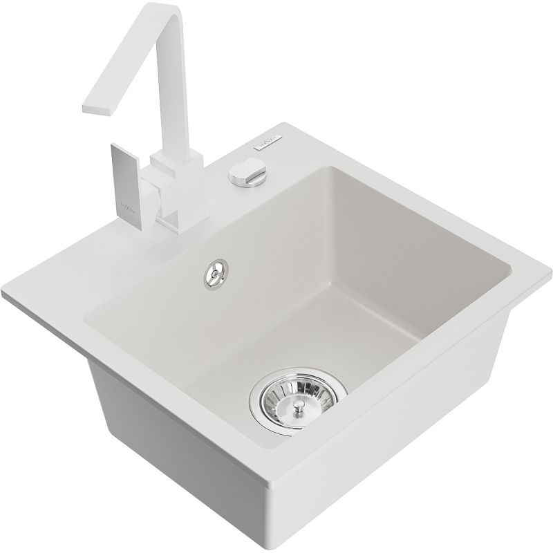 Zlewozmywak granitowy 1-komorowy Mexen Milo z baterią kuchenną Rita biały  6505-20-670300-20