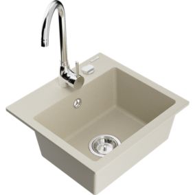 Zlewozmywak granitowy 1-komorowy Mexen Milo z baterią kuchenną Telma beżowy  6505-69-670200-00