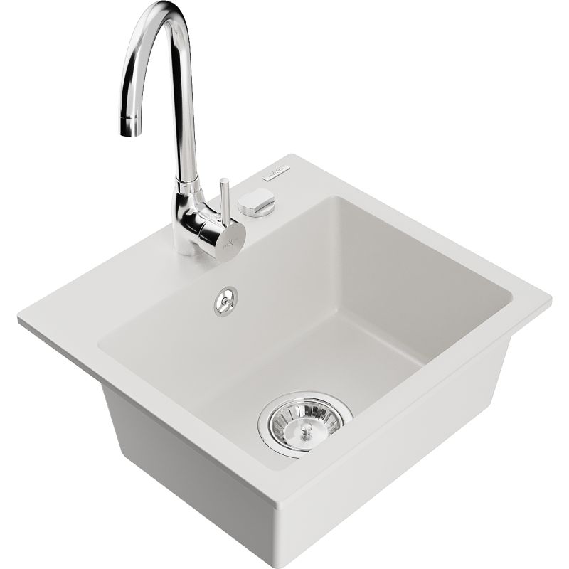 Zlewozmywak granitowy 1-komorowy Mexen Milo z baterią kuchenną Telma biały  6505-20-670200-00