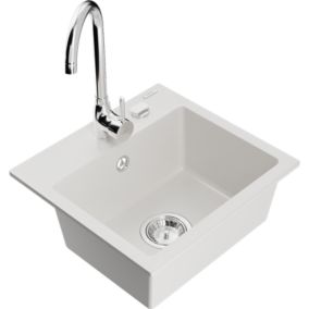 Zlewozmywak granitowy 1-komorowy Mexen Milo z baterią kuchenną Telma biały  6505-20-670200-00